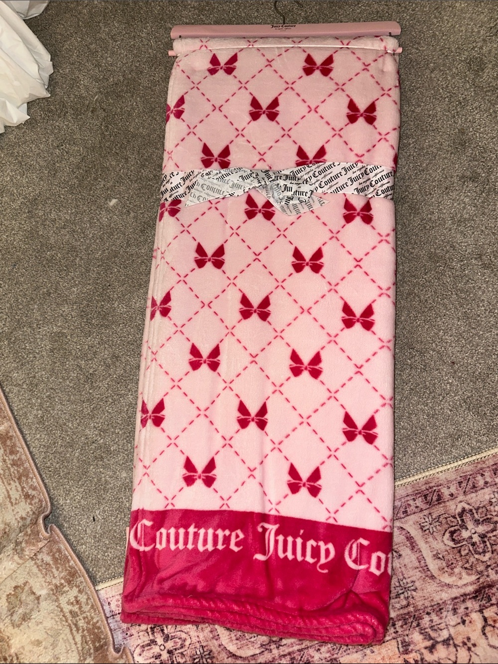 Juicy Couture Pink Butterfly Fleece Throw with Logo Trim